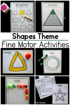 Fine motor activities. These fine motor activities are great for learning shapes. The entire packet of activities is designed around shapes. This is a great way to work on fine motor skills while learning. Perfect for preschool fine motor, occupational therapy interventions, kindergarten fine motor activities and to use at home!