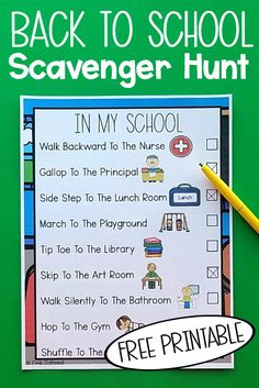 Back To School Scavenger Hunt FREE printable. This scavenger hunt is the perfect way to get the kiddos to know the school. It also incorporates gross motor movements that make it even more fun and beneficial. Grab your free printable out of the freebie library today!