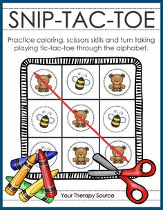 Snip Tac Toe – Color and Cutting Game digital download includes 26 tic tac toe games from A to Z to color and cut. Students can practice fine motor skills, visual motor integration, and scissor skills all while having FUN! It includes three levels of difficulty. (affilate)