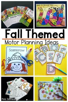 Fall themed motor planning ideas. Gross motor and fine motor activities with a fall theme. These activities are perfect for home, the classroom, and occupational or physical therapy. A fun way to incorporate appropriate motor planning and gross motor for kids!