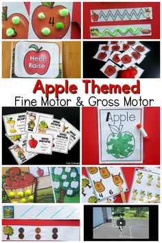 Apple themed fine motor and gross motor planning ideas. Fun activities that incorporate an apple theme into fine motor skills and gross motor skills. These are great for preschool fine motor, preschool gross motor, kindergarten, and therapies. Use these at home!